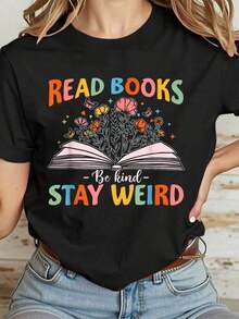 Camiseta Casual 100% Algodón para Mujer, Estilo Años 70 con Estampado Floral, Frases como " Libros, Sé Amable, Mantente Original". - Negro - Ver 1