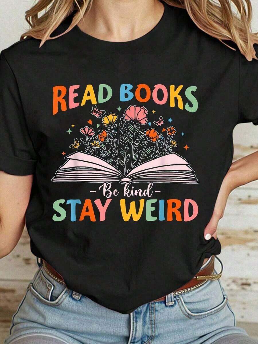 Camiseta Casual 100% Algodón para Mujer, Estilo Años 70 con Estampado Floral, Frases como " Libros, Sé Amable, Mantente Original". - Negro - Ver 1