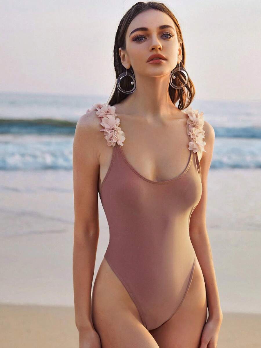 Traje de baño de una pieza con adornos florales en 3D, de color sólido, sexy y sofisticado, con efecto push-up y espalda descubierta, adecuado para vacaciones en la playa, estilo bikini. - Bikini floral 3D en color malva. - Ver 1