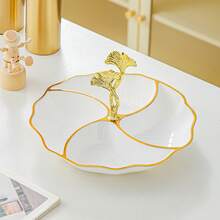 1pc Elegant Gold Rim 4-Compartment Dessert Plate, PS Plastic Divided Fruit Tray With Ginkgo Leaf Handle, Home Gathering Candy & Nut Serving Dish - Multicolor - View 13