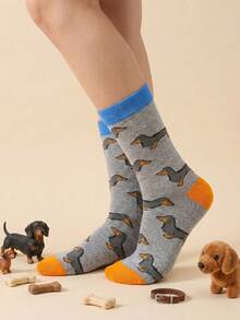 1 Pair Unisex Cute Dachshund Dog Pattern Mid-Calf Socks, Unique And Fun Dog Socks Suitable For All Seasons Daily Wear - Multicolor - View 2