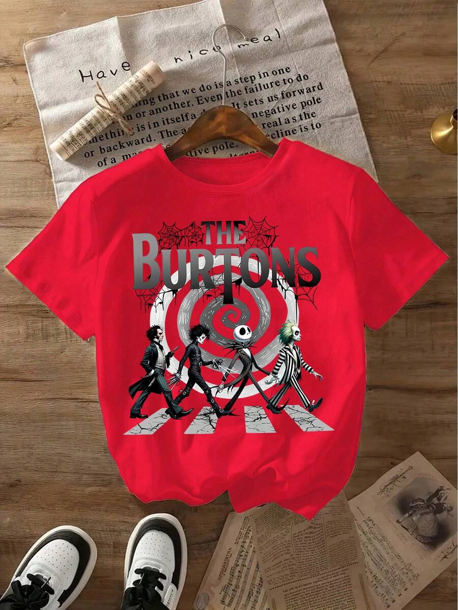 Women's Halloween Skull Print Round Neck Short Sleeve T-Shirt, Dark Gothic Style, Casual, Comfortable, Stylish And Versatile, Suitable For Spring, Summer And Autumn, Casual Wear, Optimistic Design, Stretchy Fabric, Y2K Style Sportswear, Round Neck, 100% Cotton, Soft Fabric, Short Sleeve. - 紅色 - 查看 1