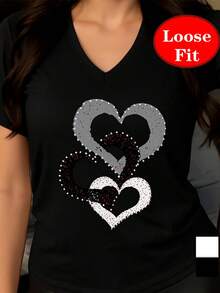 1 pieza, símbolo de amor, estampado de corazones, camiseta de manga corta con cuello en V, top casual de primavera/verano, ropa de mujer de talla grande, 180g 100% algodón. - Negro - Ver 2