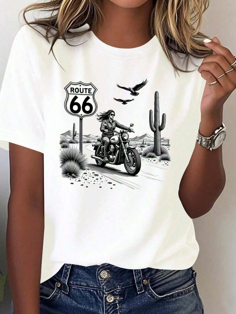 playeras de mujer algodon Camiseta de mujer cómoda de buena calidad para la aventura del desierto en motocicleta Ruta 66 >ropa - Blanco - Ver 1