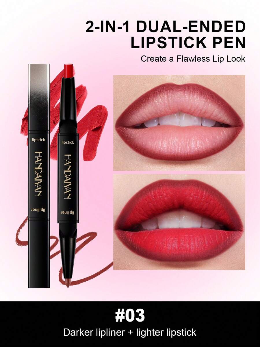 HANDAIYAN 2-In-1 Dual Head Lipstick Lip Liner, Natural Long Lasting Matte Lip Pen, Portable Women Cosmetics For Winter Spring, Christmas Holiday Camping Makeup Gift - 03 - 查看 1