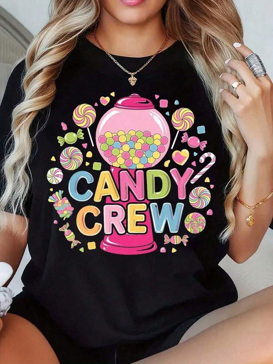 Playeras de mujer de algodón, camiseta gráfica Candy Crew para mujer, camiseta con diseño de caramelos dulces y lindos, diseño divertido y colorido de máquina de chicles, top casual de verano para fiestas y uso diario. - Negro - Ver 1