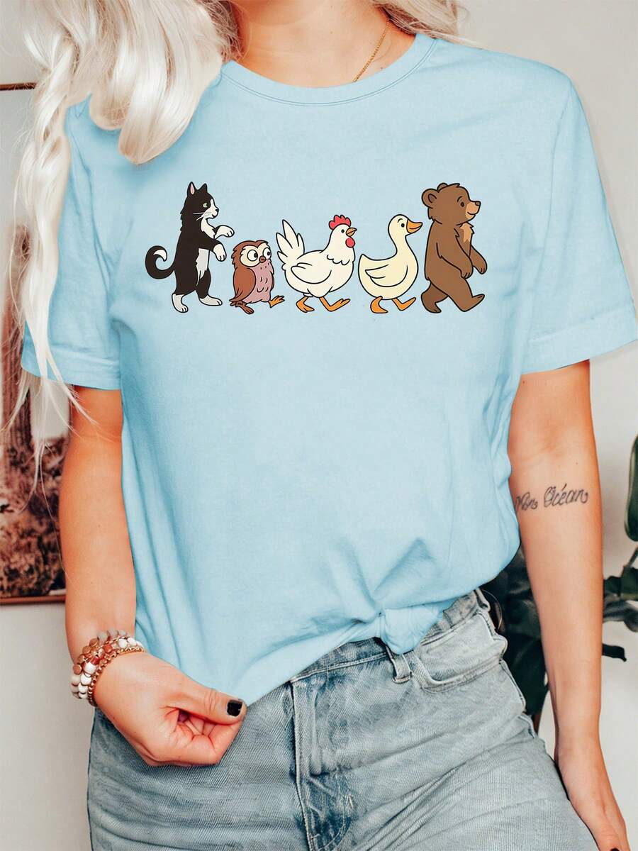 [New Fashion] Women's Summer Clothes, Short Sleeve T-Shirt With Round Neck And Cartoon Animal Tail Print, Casual Sporty Style, Lightweight, Comfortable, Soft, Fashionable, Adorable Pet Style, Versatile For All Seasons, Suitable For Daily Wear 9WVS - 天藍色 - 查看 1