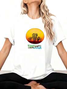 New Big Five At Sunset Tanzania Pride Summer Casual T-Shirt - Unisex Vintage Urban Style, Cotton, Short Sleeve, Round Neck - 白色 4 - 查看 2