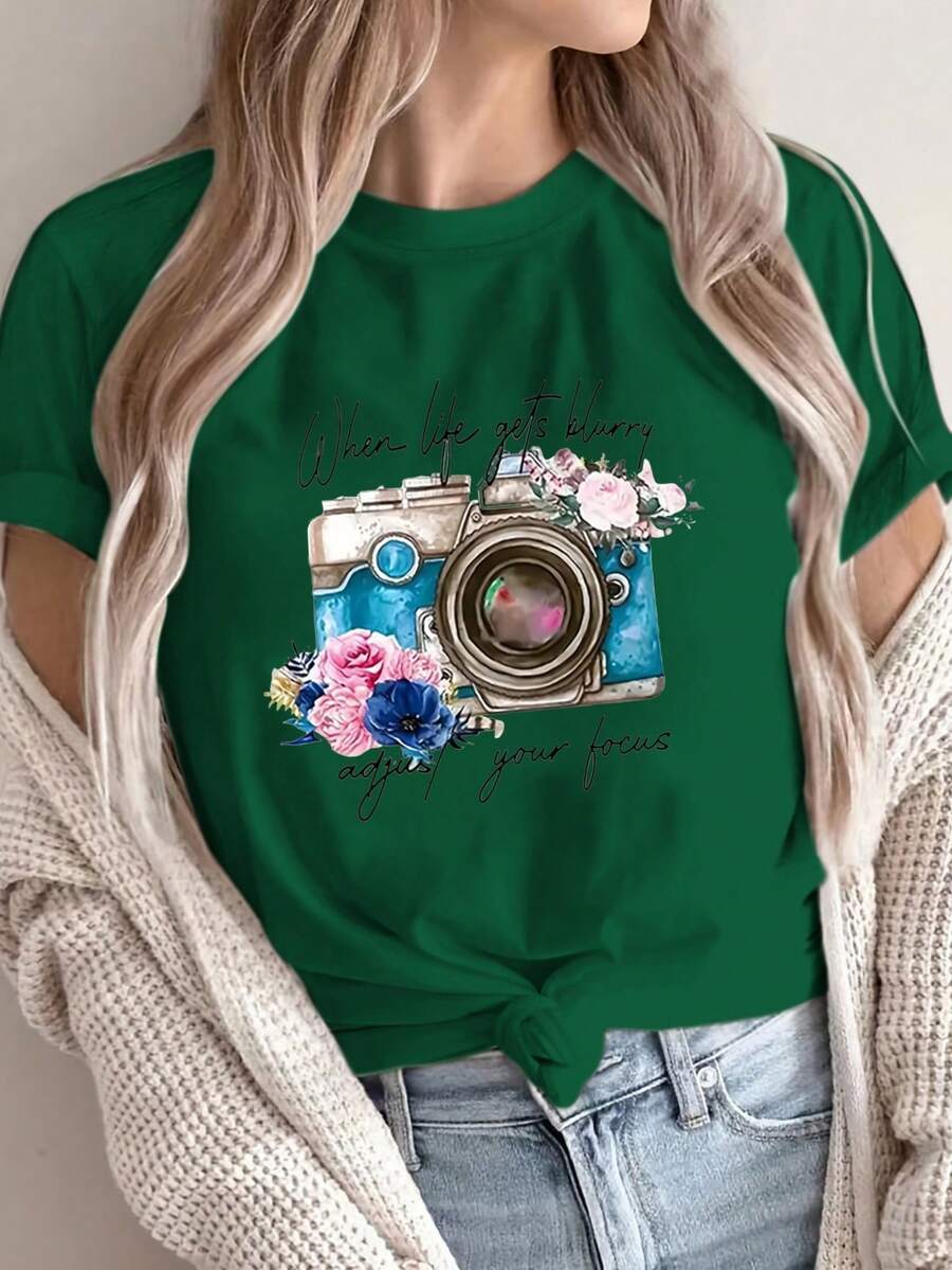 Camiseta de manga corta estampada con diseño, cuello redondo casual, ropa de mujer de talla estándar, top deportivo casual de verano, 100% algodón, lavable a máquina. 3SNK - Verde - Ver 1