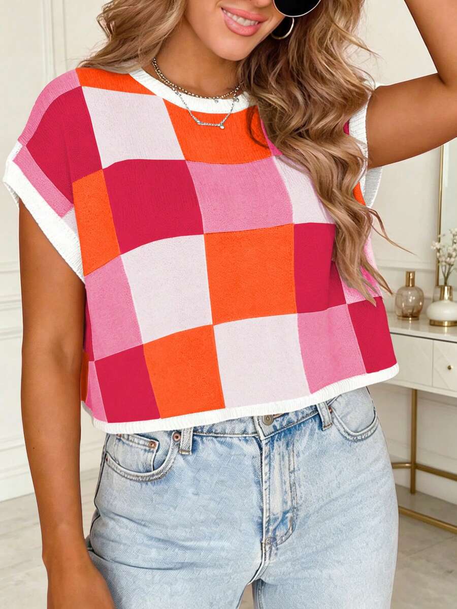 Áo croptop kẻ caro nhiều màu sắc dành cho nữ của Marysol, cổ tròn, tay ngắn, kiểu dáng thời trang thường ngày, chất liệu phối màu tương phản, tay cánh dơi, áo thun dệt kim chắp vá, thích hợp cho mùa Xuân/Hè/Thu/Đông. - Nhiều màu - Xem 1