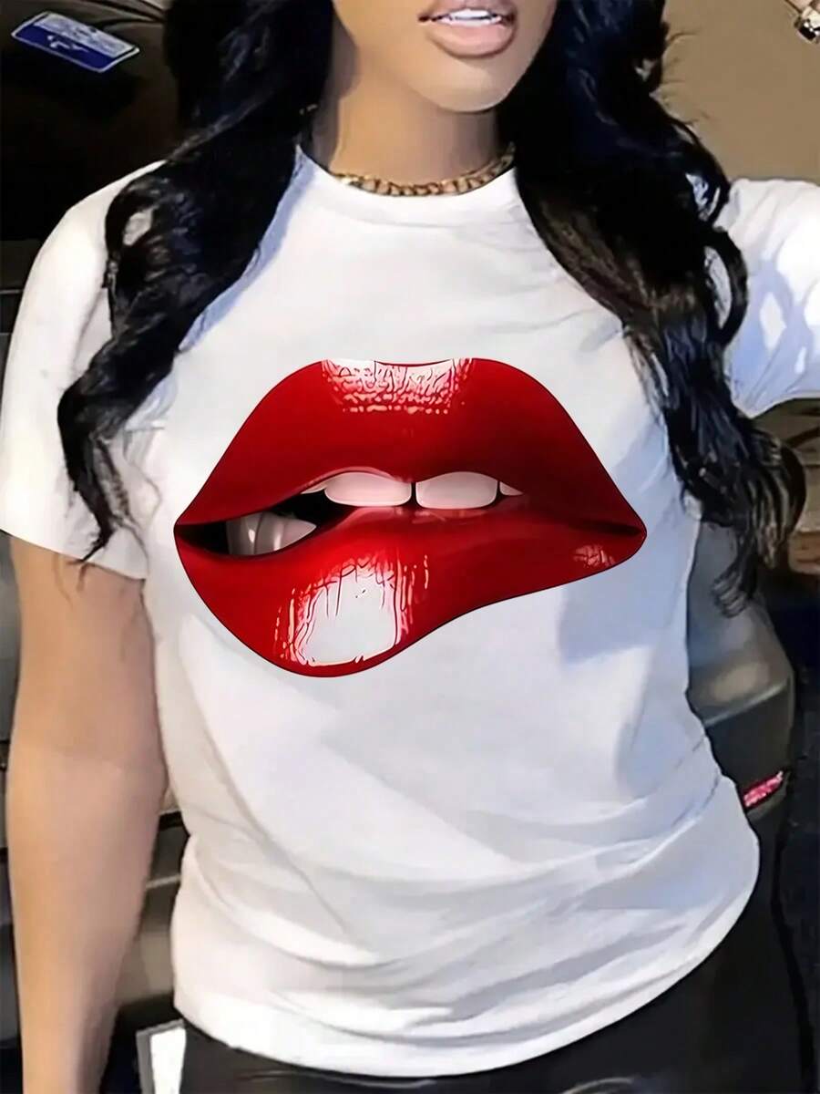 Nueva y moderna camiseta casual de manga corta con cuello redondo y un atractivo estampado de labios rojo brillante, adecuada para todas las estaciones. - Blanco - Ver 1