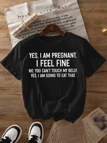 Women's T-Shirt With The Message "YES, I AM GOING TO EAT THAT." "I FEEL GOOD," NO, YOU CAN'T TOUCH MY BELLY. Letter Print 'YES, I AM GOING TO EAT THAT', Spring/Summer 2026 Fashion,  Pure Cotton Short-Sleeved T-Shirt For Women, Elegant Pure Cotton Short-Sleeved Party T-Shirt 14021, Women's Night Out Tops. - 黑色 - 查看 6