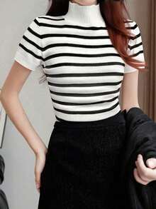 Suéter ajustado de punto de cuello alto medio, unicolor, de manga corta, para otoño e invierno, para mujer - Blanco y Negro - Ver 5