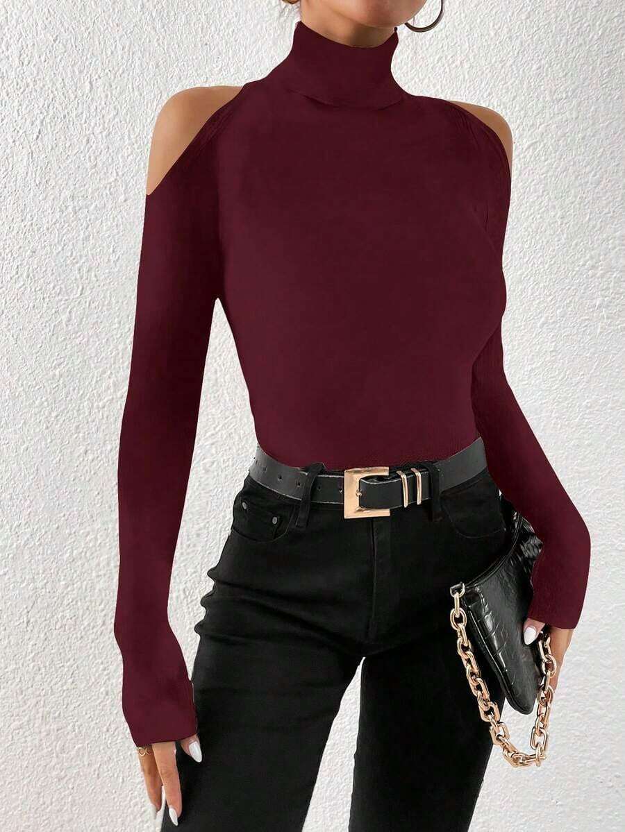 Bodys de mujer de ajuste ceñido de unicolor y manga larga con diseño calado, para primavera y otoño - Burdeos - Ver 1