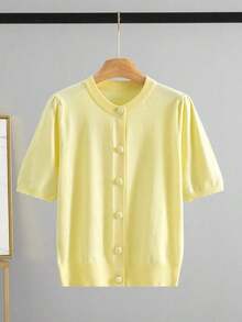Cárdigan de punto de manga corta para mujer, suave y cómodo, adecuado para uso diario, primavera/verano - Amarillo - Ver 4