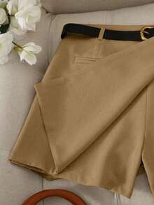 Pantalones con falda asimétrica de moda casual para ir al trabajo, pantalones cortos multifuncionales para mujer, pantalones con falda a juego sin cinturón - Marrón Mocha - Ver 5