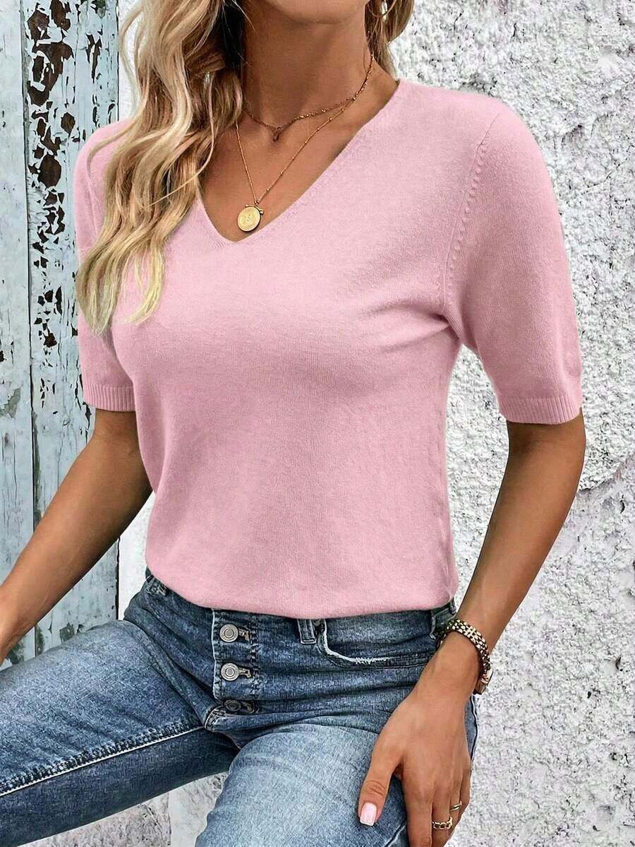 Blusa de punto de manga corta regular con cuello en V casual y versátil - Rosa - Ver 1