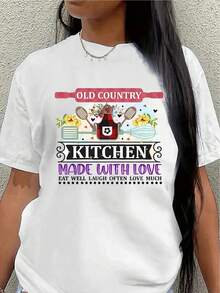 Polyester Short-Sleeved T-Shirt, Suitable For Cooking At Home, Lightweight And Durable Design, Printed With The Pattern "Old Country Kitchen, Made With Care", Perfect For Use In The Dining Room Or Living Room. - White - View 7