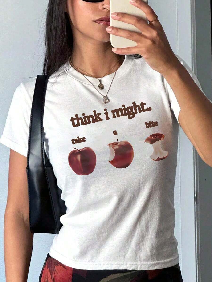 Camiseta de verano para mujer, de manga corta, cuello redondo, estampado casual de Apple, corte ajustado y corto, adecuada para primavera, verano y otoño. - Blanco - Ver 1