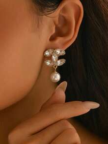 1 par de pendientes elegantes con cristal y perla falsa de diseño en forma de doble C, adecuados para uso diario, citas y reuniones, con un diseño gracioso y versátil - pendientes de perlas - Ver 8