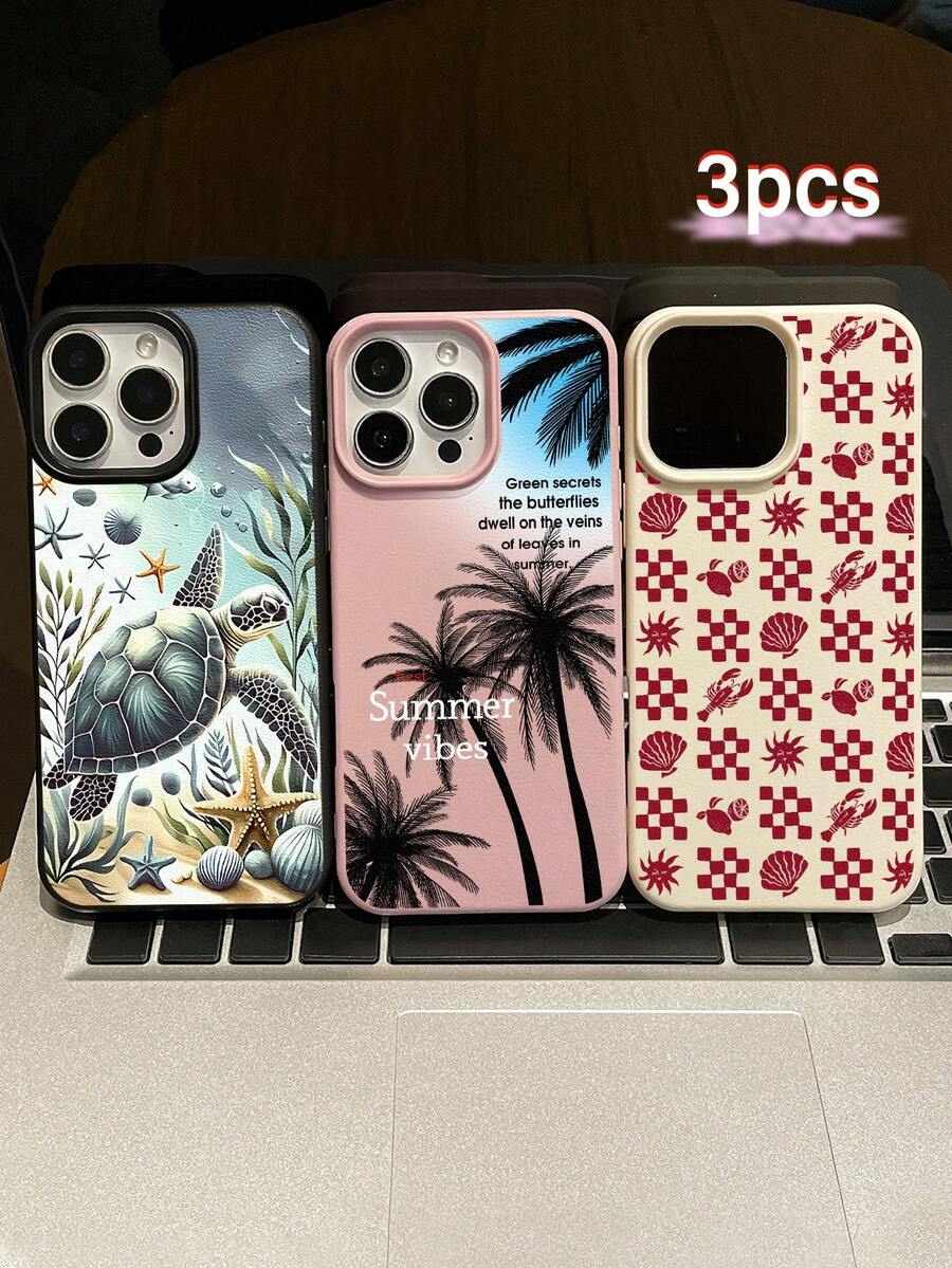 3pcs Summer Beach-Themed Phone Case Set: Ocean Turtle & Starfish, Palm Tree Graphic, Red Plaid Seashell & Lobster Print, Shockproof Full Coverage Phone Covers Compatible With IPhone 11/17/17 Pro/17 Pro Max, Galaxy S25 Ultra. Suitable For Mother's Day, Valentine's Day, Birthday, Easter, Spring/Summer Seasons, Back To School Gifts, Daily Use. - Multicolor - View 1