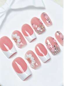 10pcs Square Summer Blue-Green Gradient Handmade Press-On Nails, 3D Wave Flower Gold Stud Decor, Hand-Painted Black Line French Tips, Suitable For Party, Daily, Vacation, Graduation Season - White - View 2
