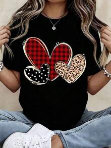 Casual White Short Sleeve T-Shirt With Red Checks, Leopard Print And Polka Dot Hearts - Casual Everyday Wear For Women - 黑色 - 查看 1