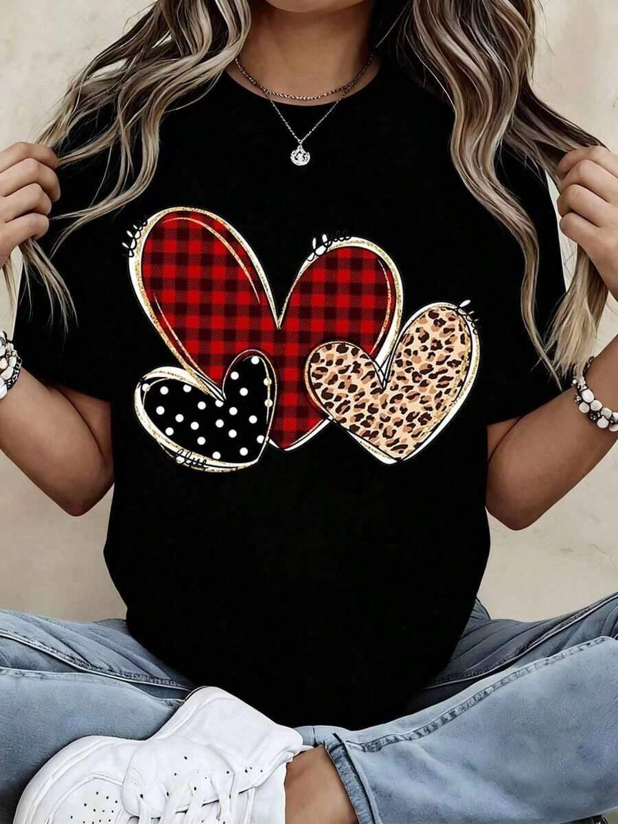 Casual White Short Sleeve T-Shirt With Red Checks, Leopard Print And Polka Dot Hearts - Casual Everyday Wear For Women - 黑色 - 查看 1