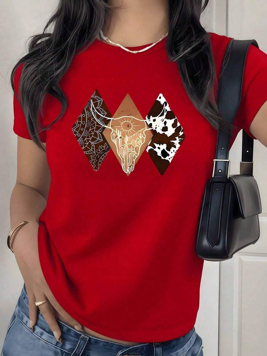 Western Desert Cow Skull Graphic Print T-Shirt, 180g, 1 Piece, Southwest Boho Style, Women's Casual T-Shirt, 100% Cotton, Vintage Style - 紅色 - 查看 1