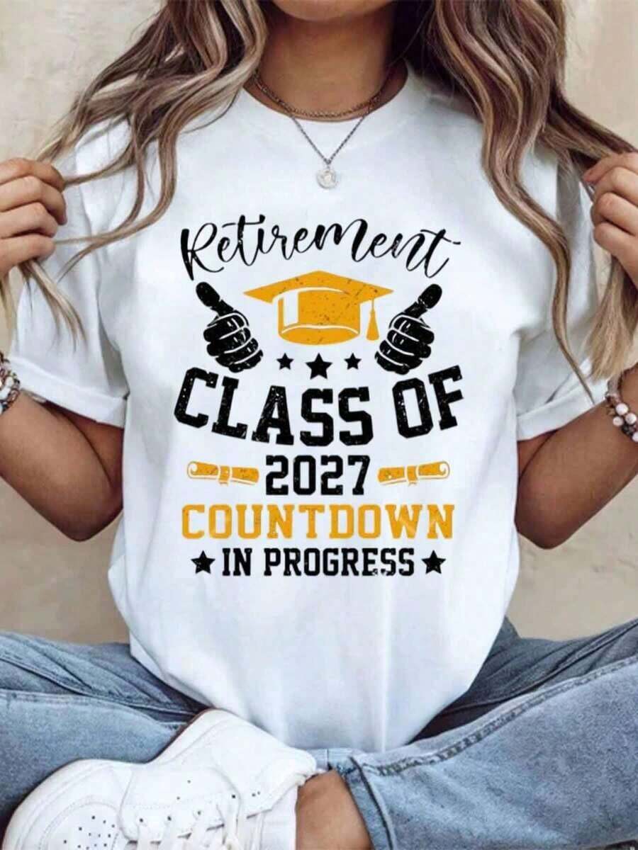 Women's Class Of 2027 Retirement Countdown T-Shirt, Graduation Celebration Gift For Retiring Teacher Or Employee, Funny Senior Year T-Shirt, Perfect For Retirement Party Or Farewell Event, 220g Loose Fit Cotton Crew Neck Short Sleeve T-Shirt, 100% Cotton - 白色 - 查看 1