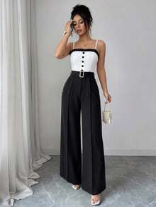 Pantalones anchos de pierna con botones metálicos de contraste en blanco y negro, con cintura ajustada, adecuados para el trabajo y el transporte, primavera/verano - Negro - Ver 4