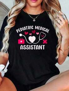 Comfortable100% cotton Camisetas  con Estampado de Estetoscopio y Corazón para Asistentes Médicas Pediátricas, para MujeresFashion All-match Women's Short Sleeve T-shirt, Basic Style for Inner & Outer Wear - Negro - Ver 1