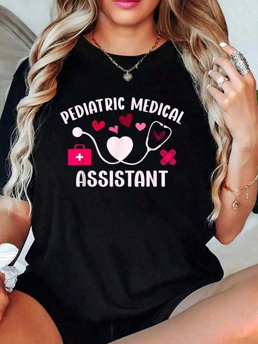 Comfortable100% cotton Camisetas con Estampado de Estetoscopio y Corazón para Asistentes Médicas Pediátricas, para MujeresFashion All-match Women's Short Sleeve T-shirt, Basic Style for Inner & Outer Wear - Negro - Ver 1