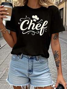 Camiseta de chef cómoda con fuente cursiva, ajuste cómodo, ropa de mujer PureFashion, camiseta de manga corta para mujer que combina con todo, estilo básico para uso interior y exterior. - Negro - Ver 7