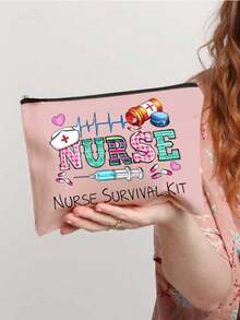 1 pieza, Bolsa de cosméticos de supervivencia de enfermera - Bolsa de maquillaje con estampado de cuadros de colores, letra NURSE, latido cardíaco de ECG, jeringa, frasco de pastillas y patrón de gorro de enfermera, bolsa de lona portátil para artículos de tocador de viaje, una bolsa de maquillaje diseñada para enfermeras, un regalo divertido para mujeres, estudiantes de enfermería y profesionales, perfecto para la Semana de Apreciación de Enfermeras, una bolsa de viaje para cosméticos, una solución de almacenamiento portátil para artículos de tocador y una bolsa para productos de belleza y cuidado de la piel - Multicolor - Ver 12