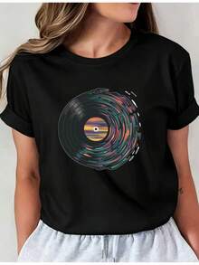 Camiseta Casual de Cuello Redondo con Estampado de Disco de Vinilo, Manga Corta, Ropa de Mujer para Primavera Verano I01, Blusa Casual de Cuello Redondo, Ropa Cómoda para Mujer, Blusas para Mujer Casual - Negro - Ver 1