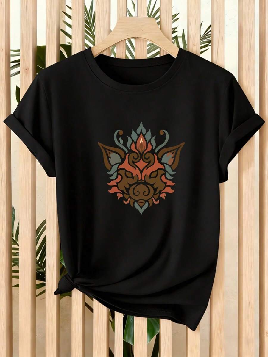 Limited Time Offer, Limited Quantities, Flash ! Women's Casual Shirts, Women's Polyester T-Shirts, Elegant Shirts. Women's Short-Sleeve T-Shirt, New Summer Collection, With A Wild Boar Head Print, Unique And Artistic Design, Ideal For Home, Office, Travel, And Casual Wear. - 黑色 - 查看 1