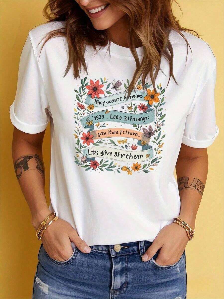 Imagen del artículo: Camiseta casual de manga corta para mujer con estampado floral blanco (2) playeras de mujer - Blanco - Ver 1