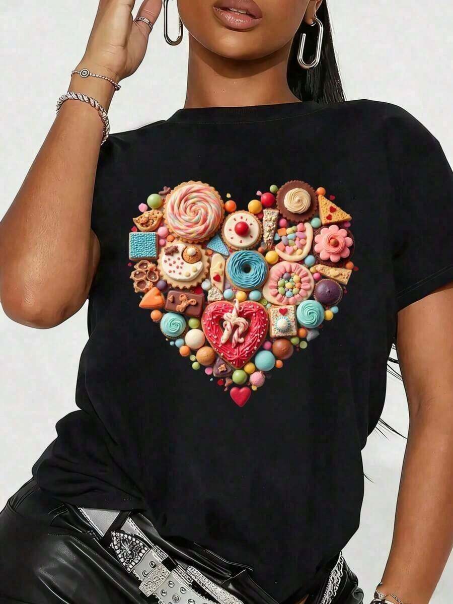 playeras de mujer algodon blusas para mujerCamiseta con estampado de corazón Sweet Treats para mujer - Camiseta casual de manga corta con cuello redondo, diseño vibrante de postres, lavable a máquina, camiseta de verano y primavera, camiseta casual divertida de verano, camiseta de ajuste cómodo, adecuada para primavera, verano y otoño >ropa - Negro - Ver 1