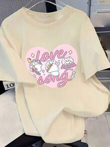 Camiseta casual minimalista, nueva camiseta de manga corta con hombros caídos para mujer, estilo oversized, para primavera/verano, regalo para el Día de San Valentín, camiseta blanca de manga corta con estampado de corazón y banda de gato, estilo dulce y divertido para chicas, ropa de calle llamativa, top lindo y vibrante, blusas para mujer. - Albaricoque - Ver 7