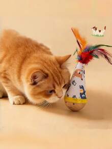 6pcs (1pc Roly-Poly Feather Toy + 5pcs Random Mini Roly-Poly Toys) Multifunctional Roly-Poly Interactive Cat Toys, Cat Puzzle Toys, Cat Rocking Toys, Self-Righting Cat Toys, No Battery Required, Plastic Material, Suitable For Indoor Cat Play, Cat Teaser Toys. - Multicolor - View 2