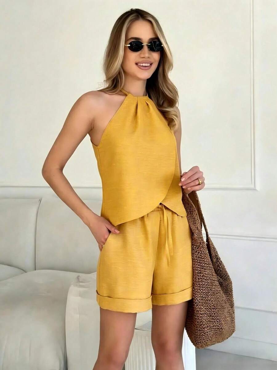 Conjunto casual de verano con top sin mangas y pantalones cortos - Amarillo - Ver 1