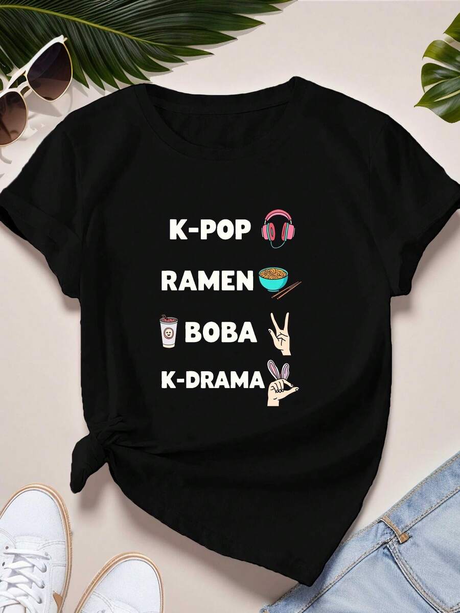 Camiseta de Cuello Redondo para Mujer con Estampado de Ondas Ramen de K-Pop y Drama Coreano - Camiseta casual suave y pura con iconos culturales coreanos, top de manga corta con cuello redondo, adecuada para fans de anime y K-Drama, ropa casual cómoda para todas las estaciones. Blusas Para Mujer Casual - Negro - Ver 1