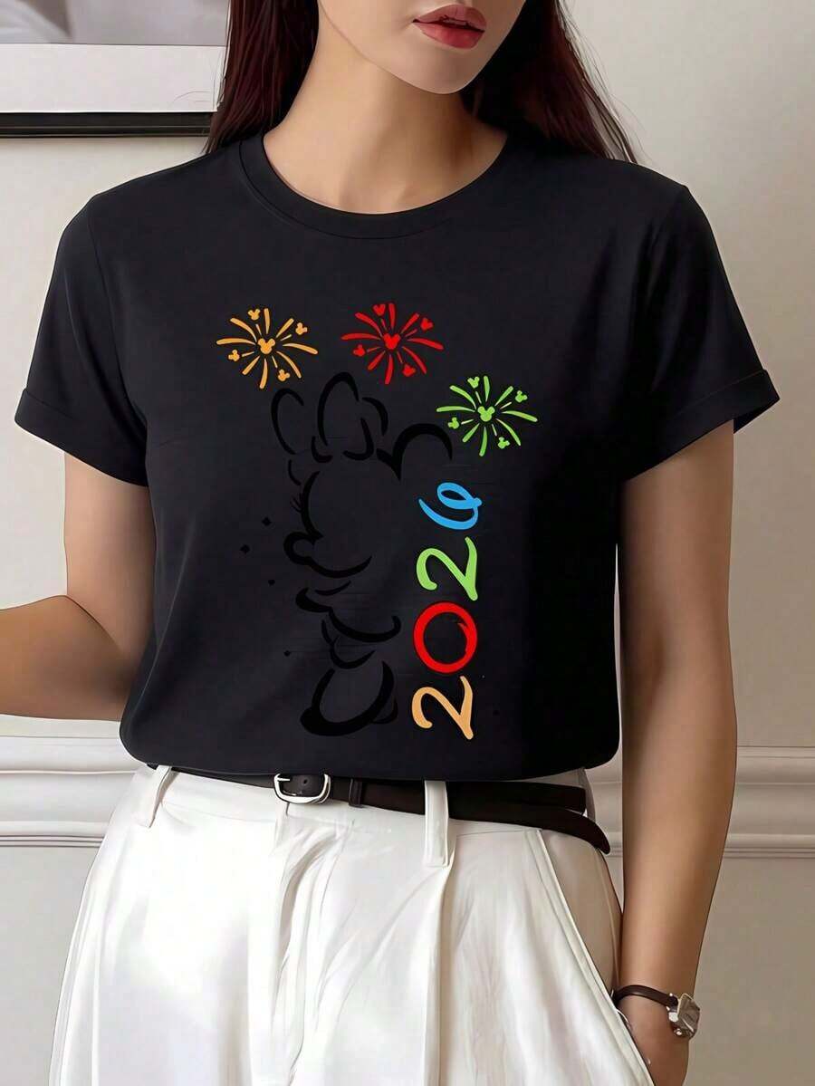 Tops de Mujer, Camiseta de Verano 100% Algodón Puro con Cuello Redondo y Manga Corta, Diseño Elegante con Patrón de Arte de Fuegos Artificiales, Suave, Transpirable, Versátil y Casual para Uso Diario - Negro - Ver 1