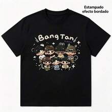 ¡Por el EJÉRCITO! Playera  Bang Tan Grupo Completo Chibi, Estampado Efecto Bordado - Negro - Ver 6