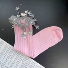 Gray Women Ballet Style Mid Calf Socks, Spring Summer Star Tassel Glitter Socks, Stylish Personality Wide Striped Casual Cotton Socks, Aesthetic Sweet Daily Campus Streetwear Accessory - Hồng - Xem 12