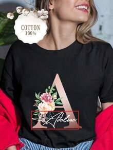 Productos Personalizados: Una Serie con la Letra A, Diseñcon el Texto de tu Elección. Diseños de Nombres Personalizados para Camisetas de Mujer Hechas de 100% Algodón Puro, ideales para fiestas. - Negro - Ver 2