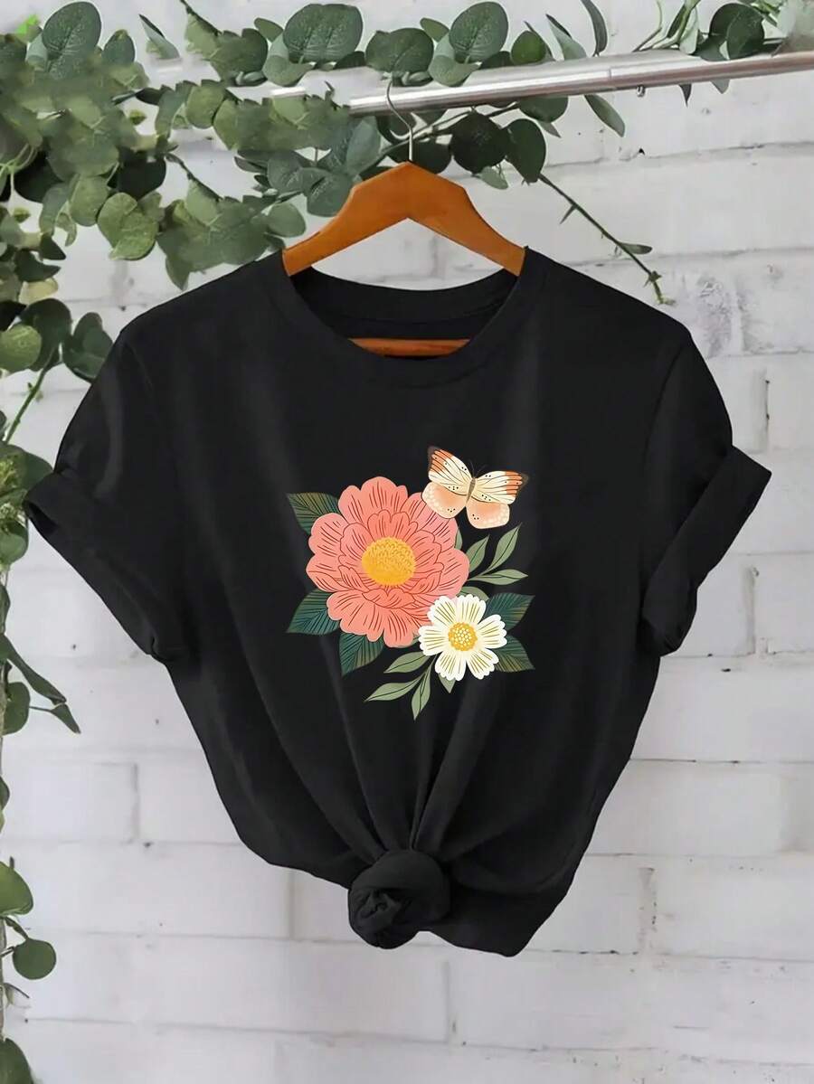 Camiseta de Mujer 100% Algodón Puro, Estilo Bohemio, con Estampado Floral Artístico, Casual, Básica, de Manga Corta, a la Moda. Camiseta de Mujer con Patrón Vintage Bohemio, 100% Algodón, Suave, Transpirable, Cuello Redondo, Manga Corta, Estilo Boho Urbano. - Negro - Ver 1