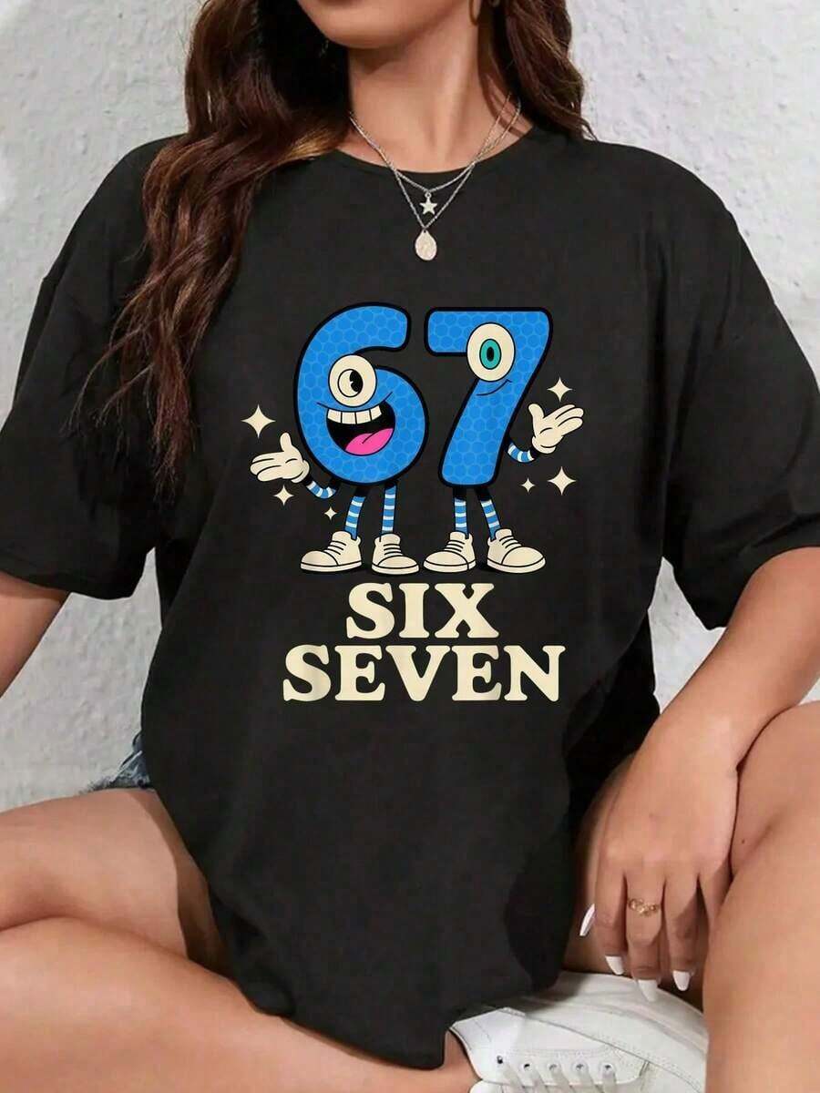 100% Algodón 67 Six Seven 6-7 - Camiseta de Meme de Gaming Infantil 'Italian Brainrot' para Hombre y Mujer, Suave, Transpirable, Clásica, a la Moda, para Verano - Negro - Ver 1