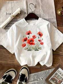 Oferta por tiempo limitado, cantidad limitada disponible,  relámpago, camisas de mujer, camisetas de mujer Camiseta básica de mujer de cuello redondo, con estampado moderno de letras y dibujos animados.De diseño sencillo, cómoda y transpirable, es una prenda esencial y versátil, ideal para el ocio diario, que aporta un estilo natural y elegante.¡Un imprescindible para el verano! - Blanco - Ver 1